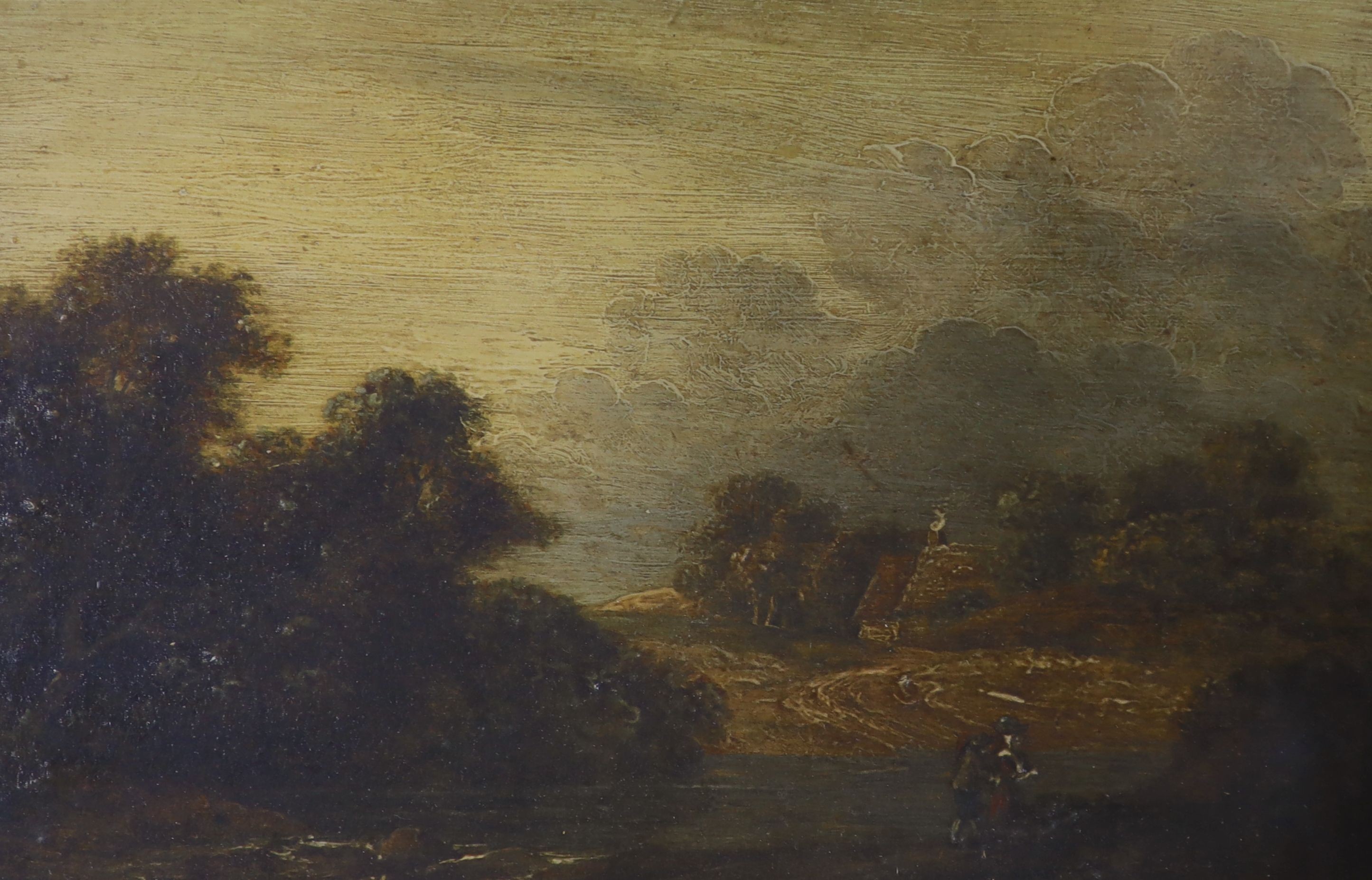 Late 18th century English School, pair of oils on wooden panels, Travellers in landscapes, 17 x 25cm